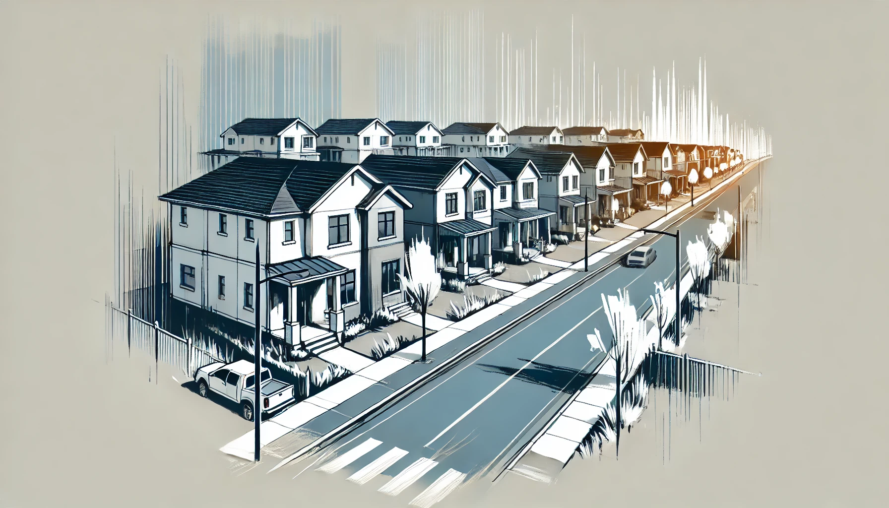 DALL·E-2024-07-09-11.28.18-A-minimalistic-paint-brush-style-drawing-of-a-suburban-sprawl-of-single-family-townhomes-showcasing-a-thriving-suburban-environment.-The-artwork-shou