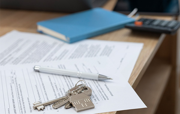 Keys with a home keychain resting on a set of contracts, representing the secure legal solutions provided by homeowner construction litigation experts to protect property rights and interests.