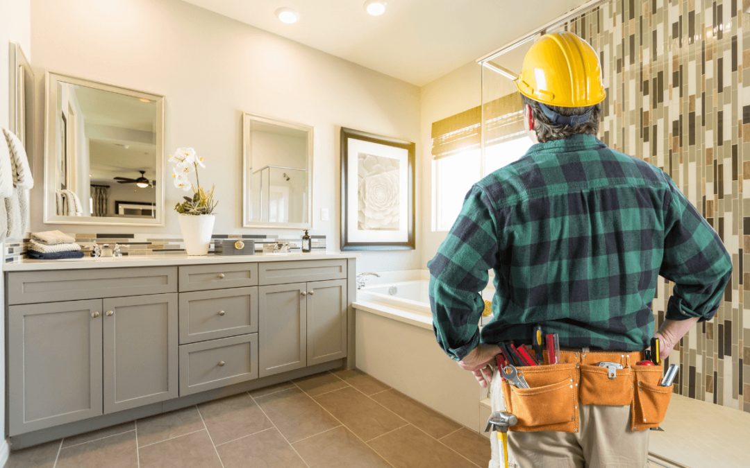 A construction worker overseeing a bathroom for possible construction litigation claims.