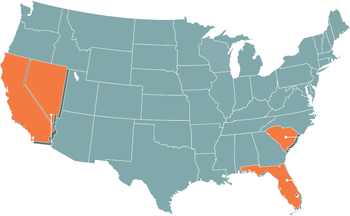 Map of The United States highlighting CA, NV, FL, & SC, the areas that Pursiano LLP represents as expert construction litigation attorneys. 